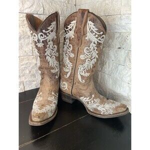 CORRAL TEENS EMBROIDERED FLORAL LEATHER TAN COWBOY BOOTS SIZE 2 WHITE STITCHING